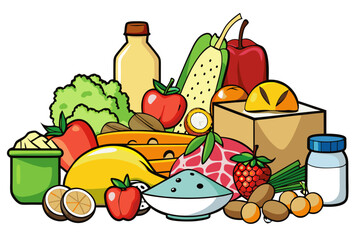 Fresh healthy fruits and vegetables, including apples, bananas, and peppers, in a basket
