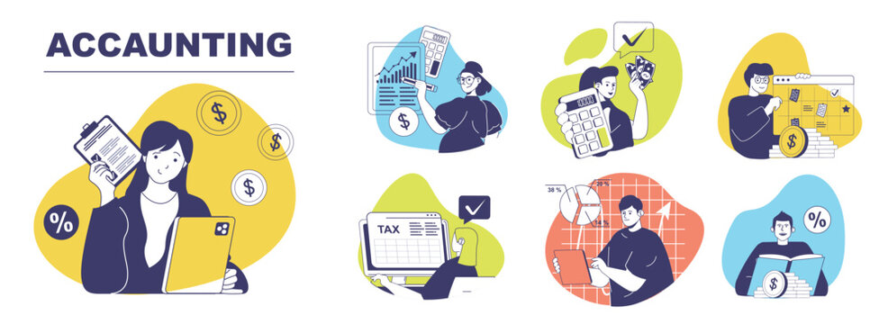 Accounting concept set for web design. Collection with people inspecting financial balance, calculating budget and annual revenue, investing money, planning savings and reporting. Vector illustration.