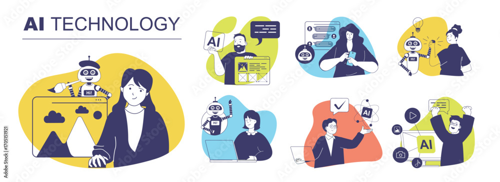 Wall mural ai technology concept set for web design. collection with people using artificial intelligence virtu