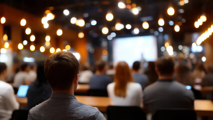 Attentive audience listening to speaker in modern conference room with warm lighting during ai startup funding round event creating inspiring atmosphere
