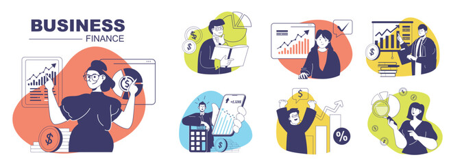 Obraz na płótnie Canvas Business and finance concept set for web design. Collection with people making financial analysis, brainstorming and finding solutions for project improvement, increasing profit. Vector illustration.