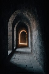 Dark ancient stone corridor with repeating arches leading to a bright, glowing doorway.