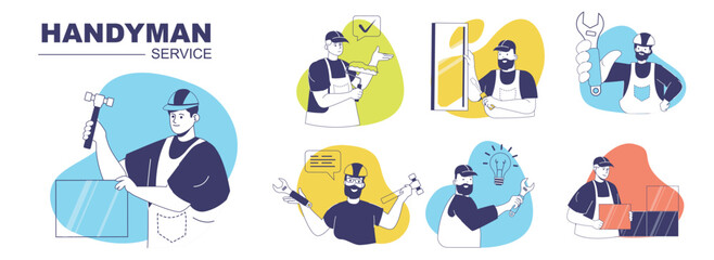 Handyman service concept set for web design. Collection with people doing house repair, installing windows, painting walls, electrician fixing lamps, technician working in house. Vector illustration.