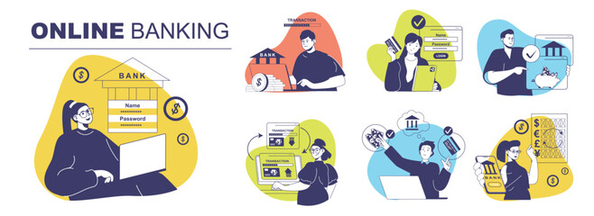 Obraz na płótnie Canvas Online banking concept set for web design. Collection with people managing financial account and money at credit cards, making deposits, transferring and exchange currency in app. Vector illustration.