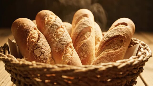 A basket of warm crusty baguettes rests on a wooden table steam rising