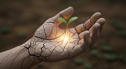 A hand cradles a delicate sprout, symbolizing growth and sustainability against a backdrop of dry, cracked earth. A visual metaphor.