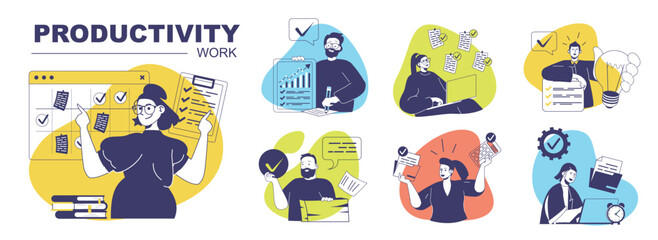 Obraz na płótnie Canvas Productivity work concept set for web design. Collection with people planning and organizing schedule lists, doing work tasks to deadline, using multitasking in workflow process. Vector illustration.
