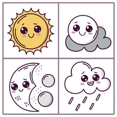 Obraz premium Kawaii Style Sun Moon and Clouds with Faces rain weather