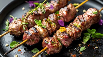 Grilled lamb meat skewers with spices and oregano flowers