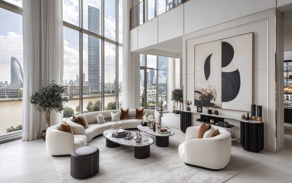 Luxury high-rise living room with curved sofa and large abstract art