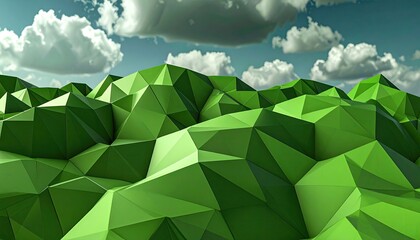 Low Poly Green Landscape Under a Cloudy Sky Digital Art with Geometric Shapes, Vibrant Colors, Angular Facets, Pixelated Texture and Playful Cloud Formations