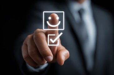 A person touching the checkmark box on a virtual screen with a happy face emoji icon
