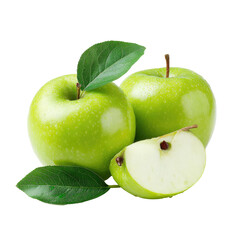 Two whole and one sliced green apple with leaves