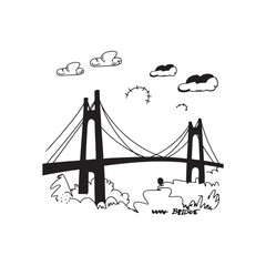 Whimsical Black and White Bridge Illustration with Clouds and Abstract Foliage Depicting Nature and Infrastructure