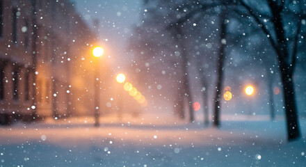 A snowy city street in the late afternoon, transitioning into night. Soft snowflakes fall gently from the sky, while the blurred lights of streetlamps create a dreamy, atmospheric scene.