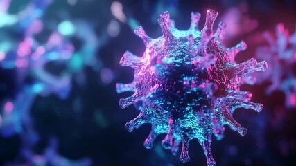 Microscopic glowing virus cell with neon light structure in abstract medical background showing infection concept - Powered by Adobe
