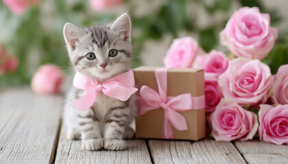 Valentine day kitten with pink ribbon sits beside gift box and pink roses on wooden table, creating romantic and adorable atmosphere perfect for love celebration