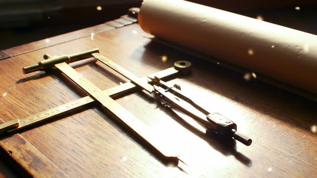 Vintage drafting tools and parchment on wooden table in warm sunlight. Architecture, engineering, design concept.