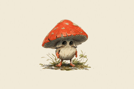 Fantasy Mushroom Creature &ndash; Whimsical Botanical Illustration in Amy Asher Style