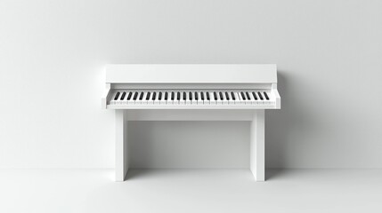 Minimal white piano stands against a bright white wall, serene