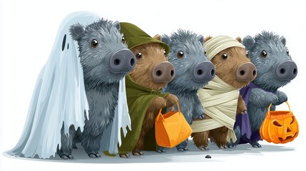 Cute illustration of five wild boars in Halloween costumes like ghost and mummy trick or treating