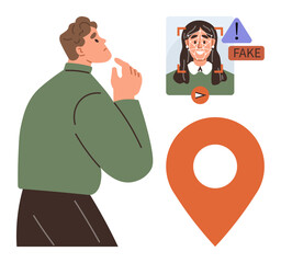 Man analyzes alert warning for a suspected deepfake photo with facial recognition and fake label. Ideal for AI ethics, facial recognition, fraud detection, technology risks, digital security