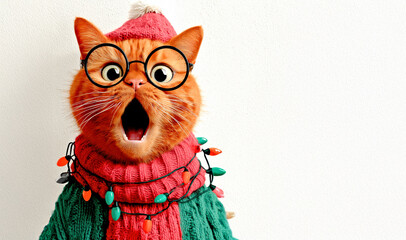 Surprised Cat in Festive Sweater and Hat with Christmas Lights. Christmas or New Year concept