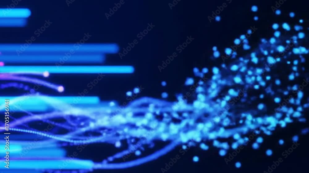 Wall mural abstract blue data stream with particles on dark background