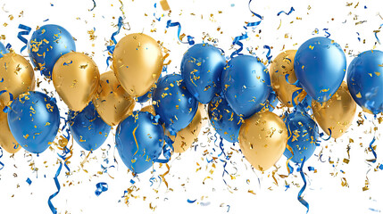 Gold and blue balloons with confetti and ribbons