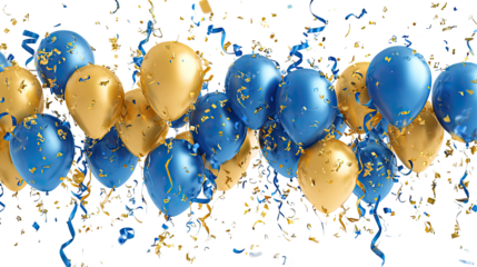 Gold and blue balloons with confetti and ribbons