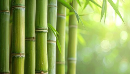 Obraz premium Lush Green Bamboo Forest with Water Droplets and Soft Bokeh Background in Horizontal Orientation