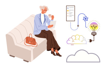 Mature woman on a couch, analyzing a document while drinking coffee. Surrounding elements include ideas, a light bulb, interconnectivity, and cloud innovation. Ideal for technology, creativity