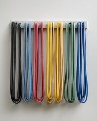 Colorful Resistance Bands Hanging on Wall, Fitness Equipment.