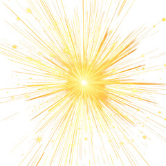 Fototapeta premium Vibrant abstract illustration of a cosmic explosion, a powerful golden light burst with radiant energy flux and shining particles on a white background