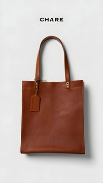 Brown leather tote bag with tag and handle on a white background showing chare brand