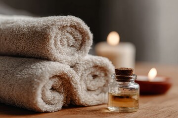 Rolled towels sit beside oil  lit candles All rest on wood