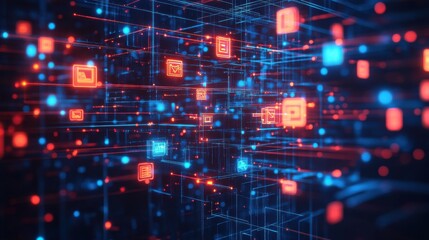 Fototapeta premium Abstract Data Network with Glowing Red and Blue Square Icons and Light Streams