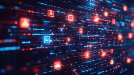 Abstract Data Stream with User Icons and Glowing Red and Blue Light Connections