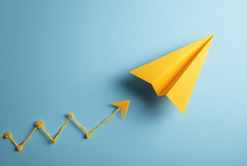 A yellow paper plane flying up against a blue background, with a line graph depicting an upward trend