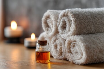 Rolled towels sit next to a small bottle of liquid with lit candles blurred in the background