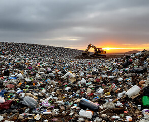 Vast Landfill at Sunset: Excavator Works Amidst Mountains of Trash and Plastic Waste, Highlighting Environmental Crisis and Pollution