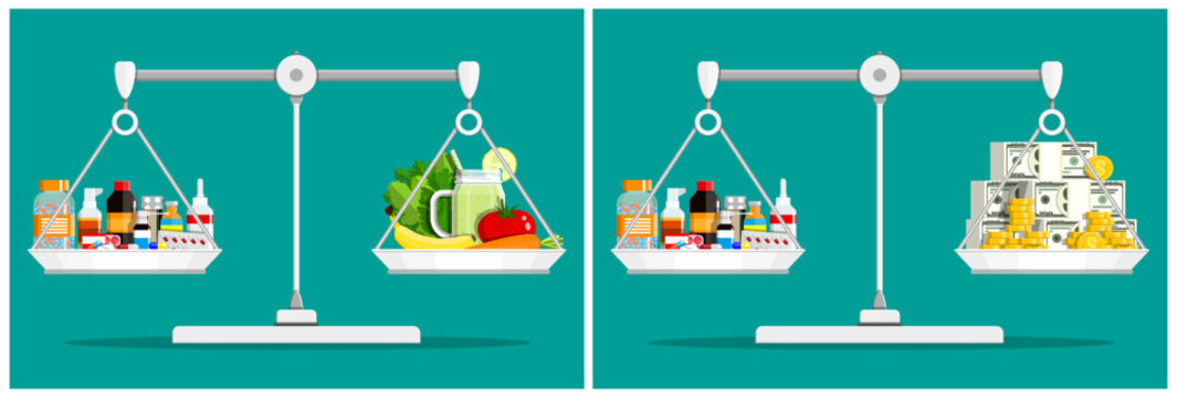 Health versus cost concept shown with scales balancing medication pills and healthy food, and another balance of medication and money.