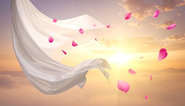 White fabric billows in a gentle breeze, pink petals dance against a bright sunrise backdrop, creating a dreamy aesthetic - Powered by Adobe