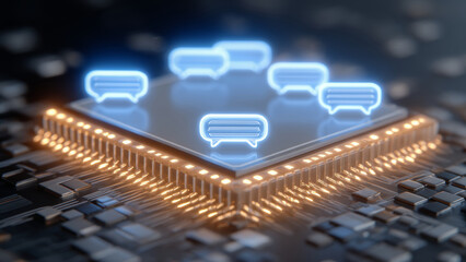 AI chat bubbles glowing on computer chip symbolize customer support for ecommerce technology and digital communication