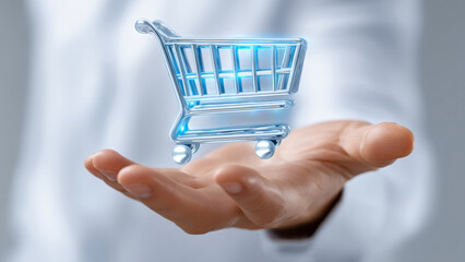 AI customer support for ecommerce concept with hand holding digital shopping cart icon in blue light