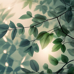 Sunlight filtering through lush green leaves on delicate branches creating a soft natural bokeh background with a serene and tranquil atmosphere