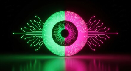 Futuristic digital eye with vibrant neon circuit board connections, symbolizing data