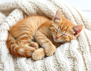 Orange kitten sleeping in a knitted blanket