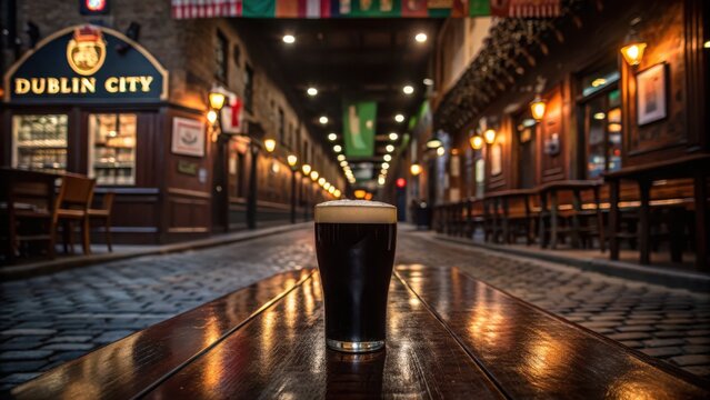 beer and food pairing A pint of dark beer sits on a wooden table in a charming Dublin street lined with pubs and warm lights.