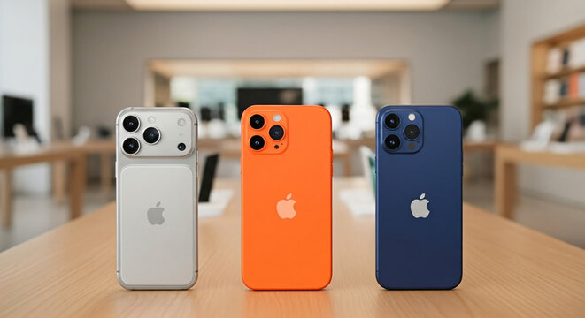 Apple iPhone 17 Pro lineup in silver, orange, and blue displayed on a wooden table inside an Apple Store, highlighting modern design and premium smartphone style.